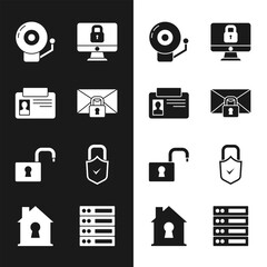 Poster - Set Mail message lock password, Identification badge, Ringing alarm bell, Lock computer monitor, Open padlock, and check mark, Server, Data, Web Hosting and House under protection icon. Vector