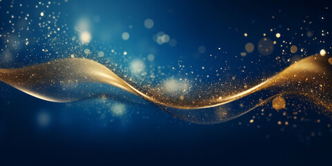 Wall Mural - golden abstract bokeh, waves and particles on blue background. celebrating christmas, new year or ot