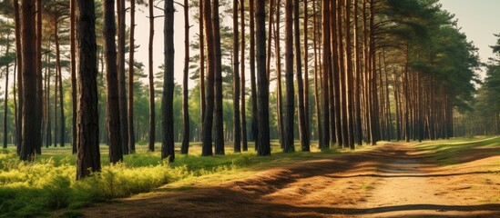 Poster - Landscape of a trail through a pine forest View of a forest trail landscape with pine trees