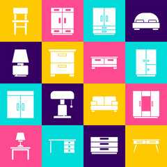 Canvas Print - Set Office desk, Wardrobe, Furniture nightstand, Table lamp, Chair and Chest of drawers icon. Vector