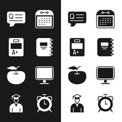 Poster - Set Notebook, Exam sheet with A plus grade, Speech bubbles Question, Calendar, Apple, Computer monitor, Alarm clock and Graduate and graduation cap icon. Vector