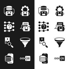Poster - Set Chat bot, Neural network, Artificial intelligence robot, Robot setting, Photo retouching, Funnel filter, Binary code and Cloud technology data transfer icon. Vector