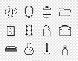 Sticker - Set line Stacks paper money cash, Church building, Propane gas tank, Test tube and flask, Coffee beans, Traffic light, Rubber plunger and Car battery icon. Vector