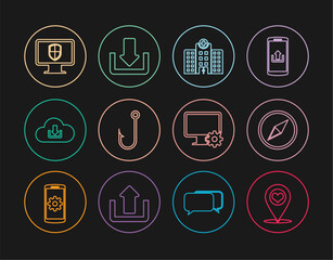 Poster - Set line Map pointer with heart, Wind rose, Medical hospital building, Fishing hook, Cloud download, Monitor and shield, Computer monitor gear and Download icon. Vector