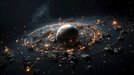 Wall Mural - planet in space surrounded by light rings and space rocks