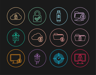 Poster - Set line Lock on monitor, Folder and lock, USB flash drive with, Cloud computing, Retro wall watch, and check mark icon. Vector