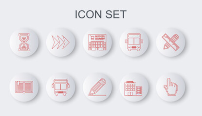 Poster - set line pixel hand cursor, open book, supermarket building, hotel, hourglass pixel, arrow, bus and 