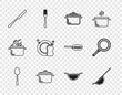 Set line Spoon, Kitchen colander, Cooking pot, Knife, Washing dishes, and Frying pan icon. Vector