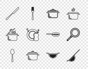 Wall Mural - Set line Spoon, Kitchen colander, Cooking pot, Knife, Washing dishes, and Frying pan icon. Vector