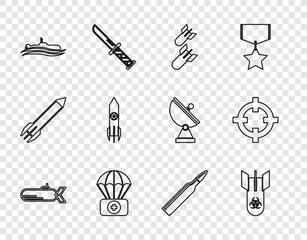 Canvas Print - Set line Submarine, Biohazard bomb, Aviation, Parachute with first aid kit, Nuclear rocket, Bullet and Target sport icon. Vector