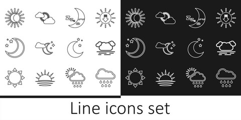 Wall Mural - Set line Cloud with rain, Moon icon, moon and stars, Eclipse of the sun, and Sun cloud weather icon. Vector