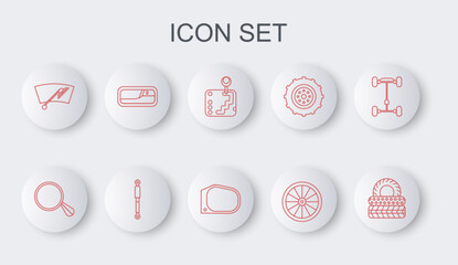 Sticker - Set line Car tire, mirror, Gear shifter, wheel, Windscreen wiper, door handle, Shock absorber and icon. Vector