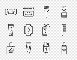 Sticker - Set line Aftershave, Shaving gel foam, Hairbrush, Cream or lotion cosmetic tube, Bow tie, Blade razor, Electrical hair clipper shaver and icon. Vector