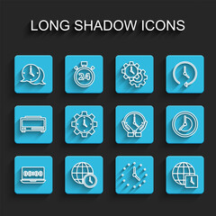 Poster - set line clock on laptop, world time, speech bubble, time management, and icon. vector