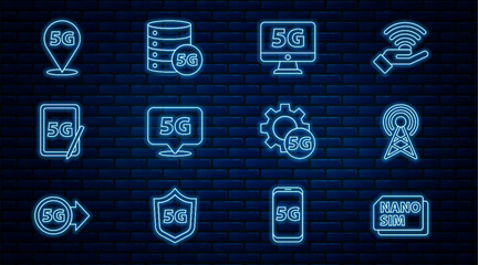 Poster - Set line Nano Sim Card, Antenna, Monitor with 5G network, Location, Graphic tablet, Setting and Server icon. Vector