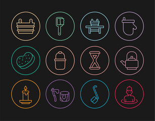 Poster - Set line Man in the sauna, Kettle with handle, Sauna bench bucket, Bath sponge, hourglass and brush icon. Vector