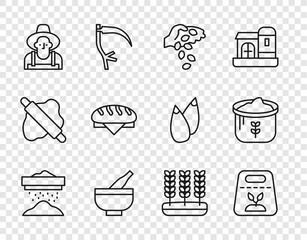 Canvas Print - Set line Sifting flour, Pack full of seeds of plant, Seed, Mortar and pestle, Farmer the hat, Bread loaf, Wheat and Bag icon. Vector