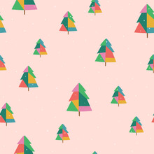 Patchwork Christmas Tree Seamless Pattern. Pink Winter Holiday Repeat Background. Vector New Year Print, Wrap Paper, Package Design.