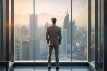 Canvas Print - rear view,businessman standing near the office window, photo with copy space