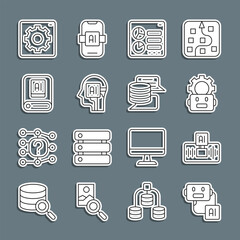 Poster - Set line Artificial intelligence robot, AI, Robot setting, Computer api interface, Humanoid, and Server, Data icon. Vector