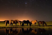 Group Of Horses Grazing In Steppe Near Pond With Stars And Northern Lights In The Background. Generative AI