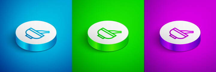 Sticker - Isometric line Mortar and pestle icon isolated on blue, green and purple background. White circle button. Vector