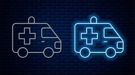 Poster - Glowing neon line Ambulance and emergency car icon isolated on brick wall background. Ambulance vehicle medical evacuation. Vector