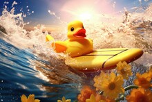 AI Generated Illustration Of A Yellow Rubber Duck Surfing On Sea Waves