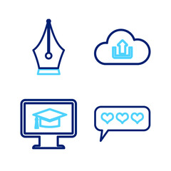 Poster - Set line Like and heart, Monitor with graduation cap, Cloud upload and Fountain pen nib icon. Vector