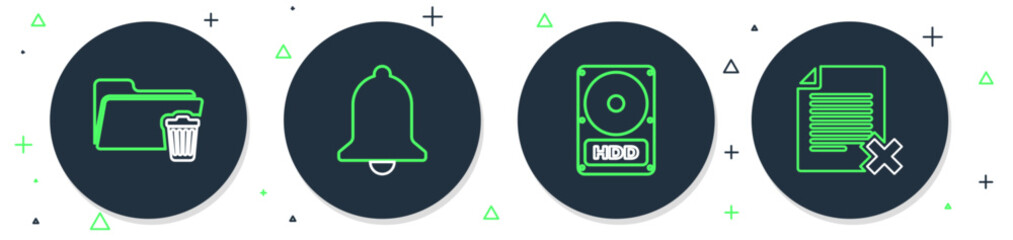 Poster - Set line Ringing bell, Hard disk drive HDD, Delete folder and file document icon. Vector
