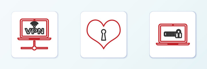 Poster - Set line Laptop with password, VPN Computer network and Heart keyhole icon. Vector