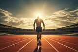 Fototapeta  - Back view of male athlete in starting position on running track, soft light photography