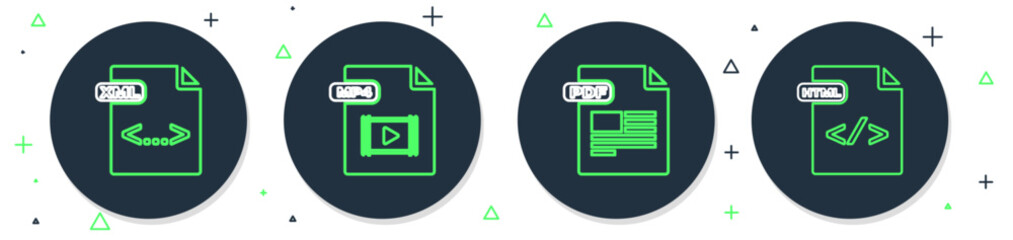 Poster - Set line MP4 file document, PDF, XML and HTML icon. Vector