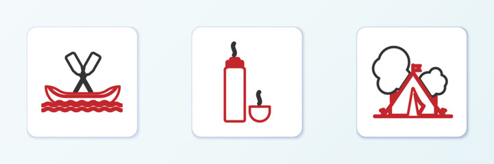 Poster - Set line Tourist tent with flag, Rafting boat and Thermos container icon. Vector