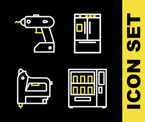 Sticker - Set line Refrigerator, Vending machine, Electric construction stapler and cordless screwdriver icon. Vector