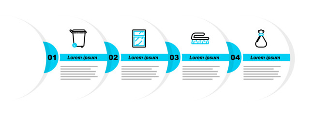 Poster - Set line Garbage bag, Brush for cleaning, Cleaning service windows and Trash can icon. Vector