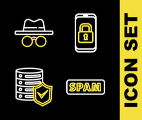 Poster - set line mobile with closed padlock, spam, server shield and incognito mode icon. vector