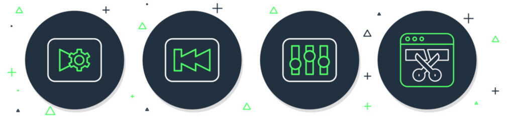 Poster - Set line Rewind button, Sound mixer controller, Music or video settings and Video recorder editor icon. Vector