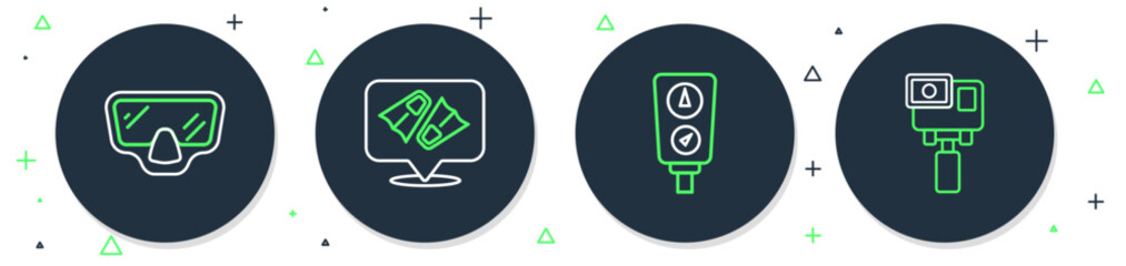 Poster - Set line Flippers for swimming, Gauge scale, Diving mask and Action extreme camera icon. Vector