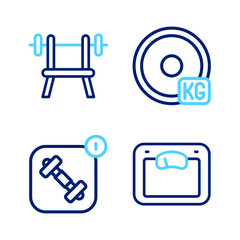 Wall Mural - Set line Bathroom scales, Fitness app, Weight plate and Bench with barbell icon. Vector