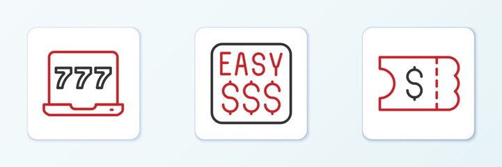 Poster - set line lottery ticket, laptop and slot machine and money prize casino icon. vector