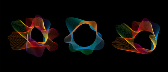 Sound smooth waves of shapes of different shapes, Set Equalizer rainbow color gradient. Vector geometric shapes isolated on black background.