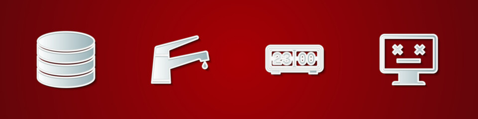 Poster - Set Database, Water tap, Retro flip clock and Dead monitor icon. Vector