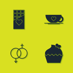 Sticker - Set Chocolate bar, Wedding cake with heart, Gender and Coffee cup and icon. Vector