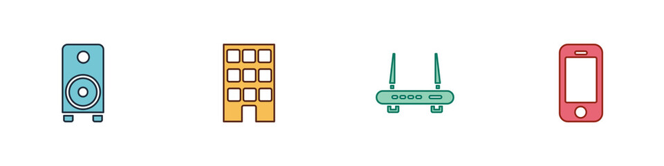 Poster - set stereo speaker, house, router and wi-fi signal and smartphone icon. vector