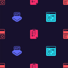 Poster - set software, processor, clipboard with checklist and debugging on seamless pattern. vector