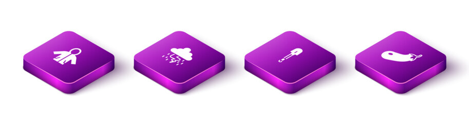 Sticker - Set Isometric Raincoat, Storm, Shovel and Eggplant icon. Vector