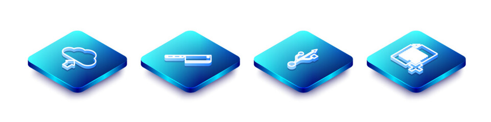 Poster - Set Isometric line Cloud upload, Meat chopper, USB and Add new file icon. Vector