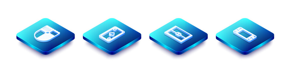 Poster - Set Isometric line Shield for game, Playing card with diamonds, Chest and Portable video console icon. Vector