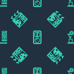 Poster - set line smart farming technology, and flower status on seamless pattern. vector